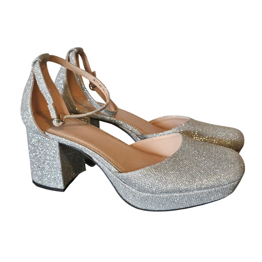 Mix No. 6 Charlotte Silver Glitter Platform Block Heel Pumps Wide Width 11W